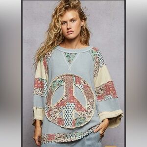 POL Patchwork Peace Sign Waffle Knit Sweater in Light Blue, Cream, Pink